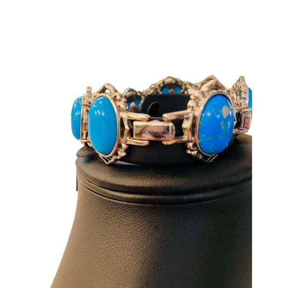 JBK Signed Faux Turquoise Link Bracelet Jacqueline Kennedy 1980s 7-8.2" Adjustab - Picture 5 of 16